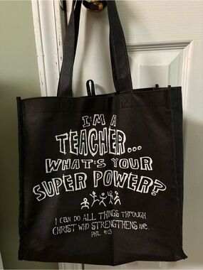 Teacher Tote Bag — Black with White Print